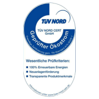 Siegel des TÜV Nord. Geprüfter Ökostrom, wesentliche Prüfkriterien: 100 Prozent erneuerbare Energien, Neuanlagenförderung, transparente Produktmerkmale
