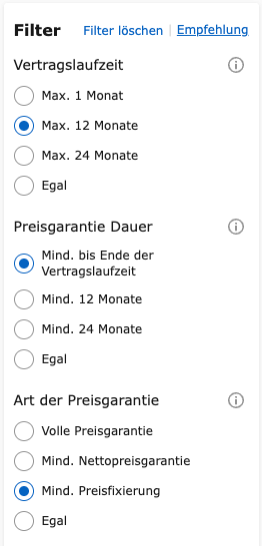 Empfohlene Filtereinstellungen