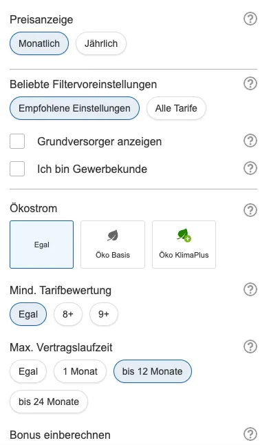 Filtereinstellungen Mobile