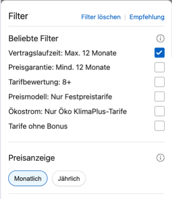 Filtereinstellungen Mobile