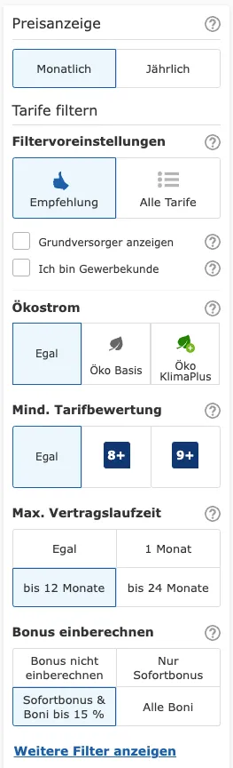 Filtereinstelungen CHECK24 Energievergleich